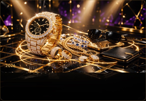 Diamond watch and jewellery on gold rigging — accessories on V Marketplace