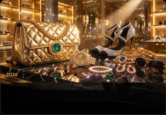 Gold handbag, heels and jewellery on marble — branded goods on V Marketplace