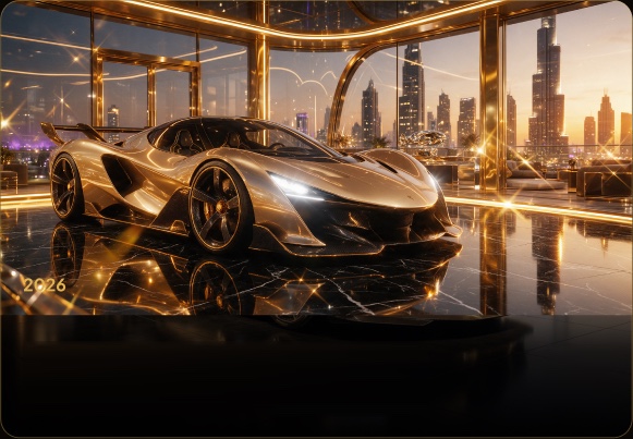 Gold supercar in a penthouse showroom — cars on V Marketplace
