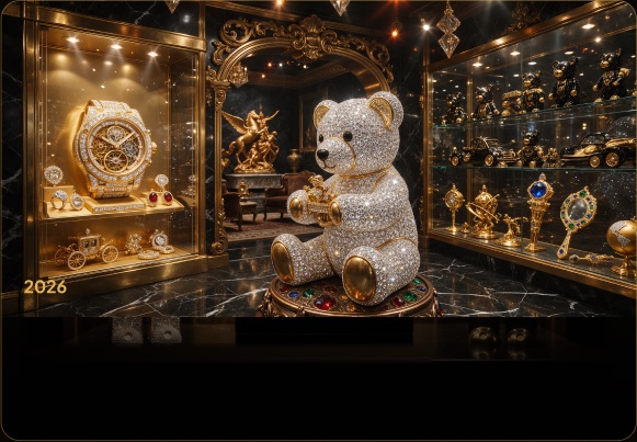 Crystal teddy bear among gold display cabinets — collectibles on V Marketplace