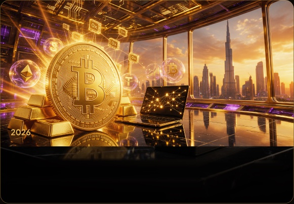 Golden coin, bullion and skyline artwork — digital assets on V Marketplace