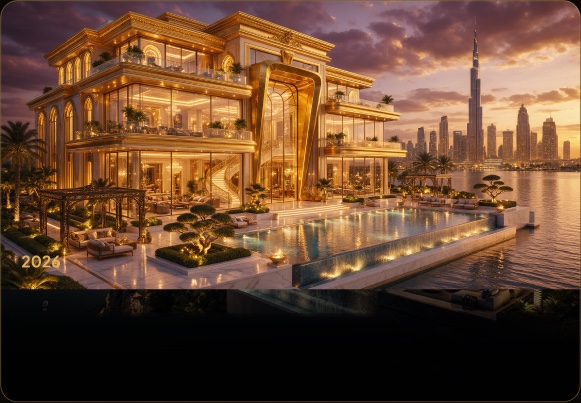 Gold villa on the waterfront at dusk — homes on V Marketplace