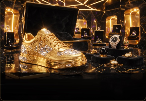 Gold sneaker on a pedestal among display cases — limited editions on V Marketplace