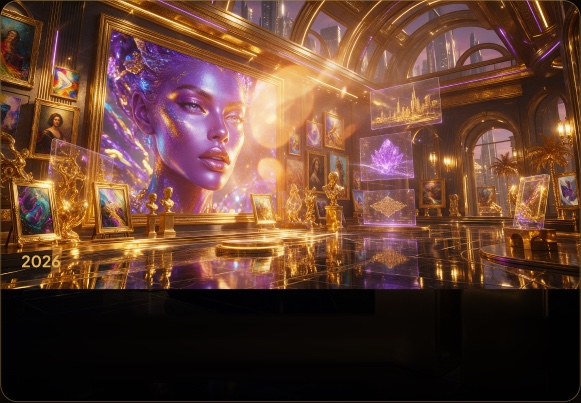 Neon portrait artwork in a gold gallery hall — art pieces on V Marketplace