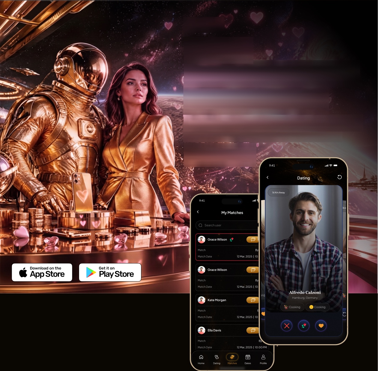 V Dating artwork — glowing hearts in space above Earth with the VaultMint dating app on iPhone