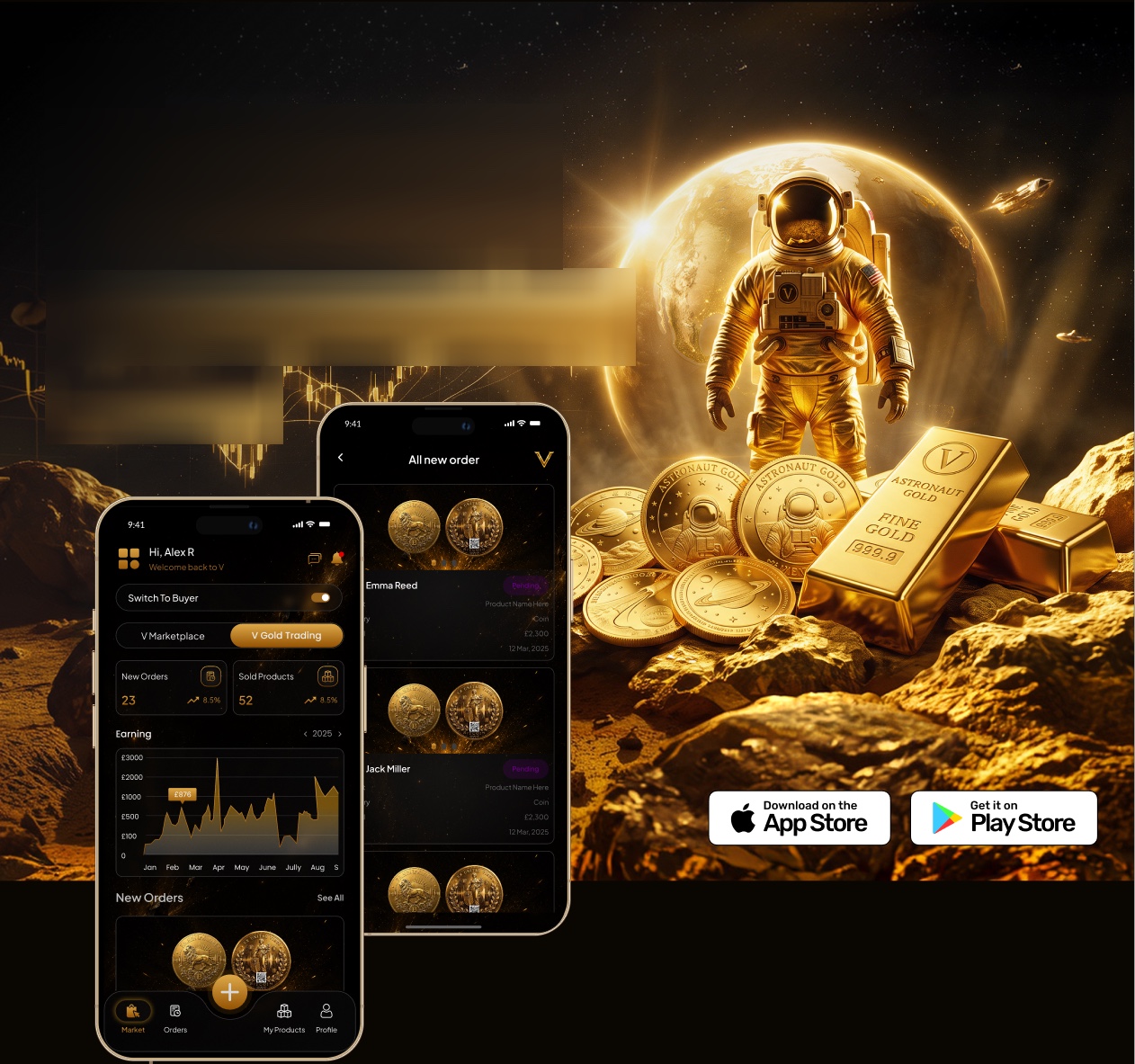 V Gold artwork — a golden astronaut among gold bullion and coins with the VaultMint app on iPhone