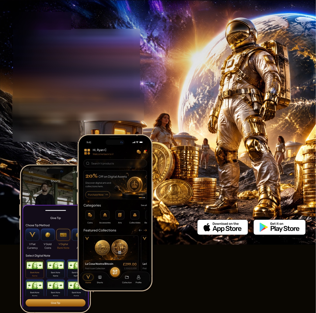 V Marketplace artwork — a space city with the VaultMint app on iPhone