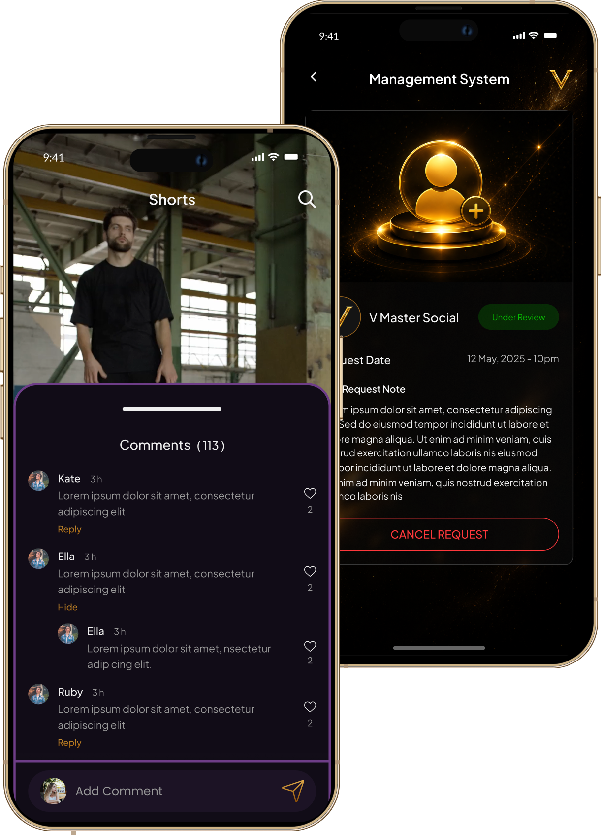 V Social app on iPhone — shorts feed with comments and the creator management system